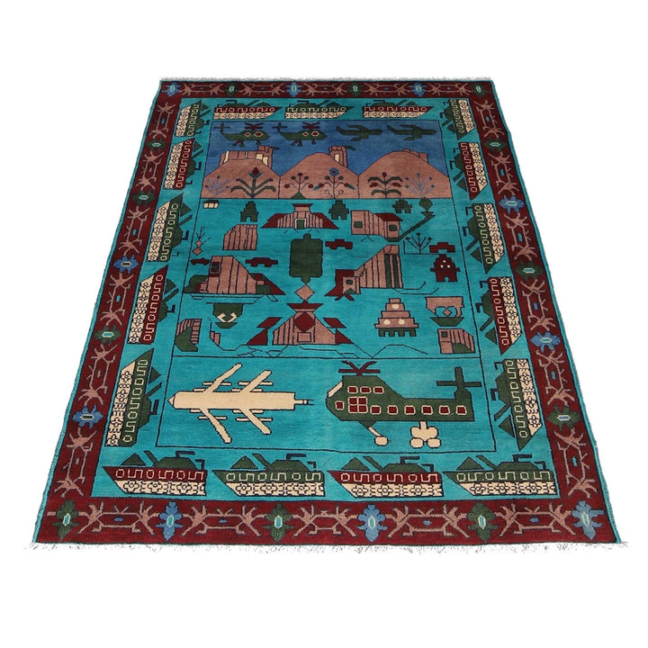 Blue Afghan War Rug 4' 0" x 6' 0" Hand-Knotted | No. AL24000