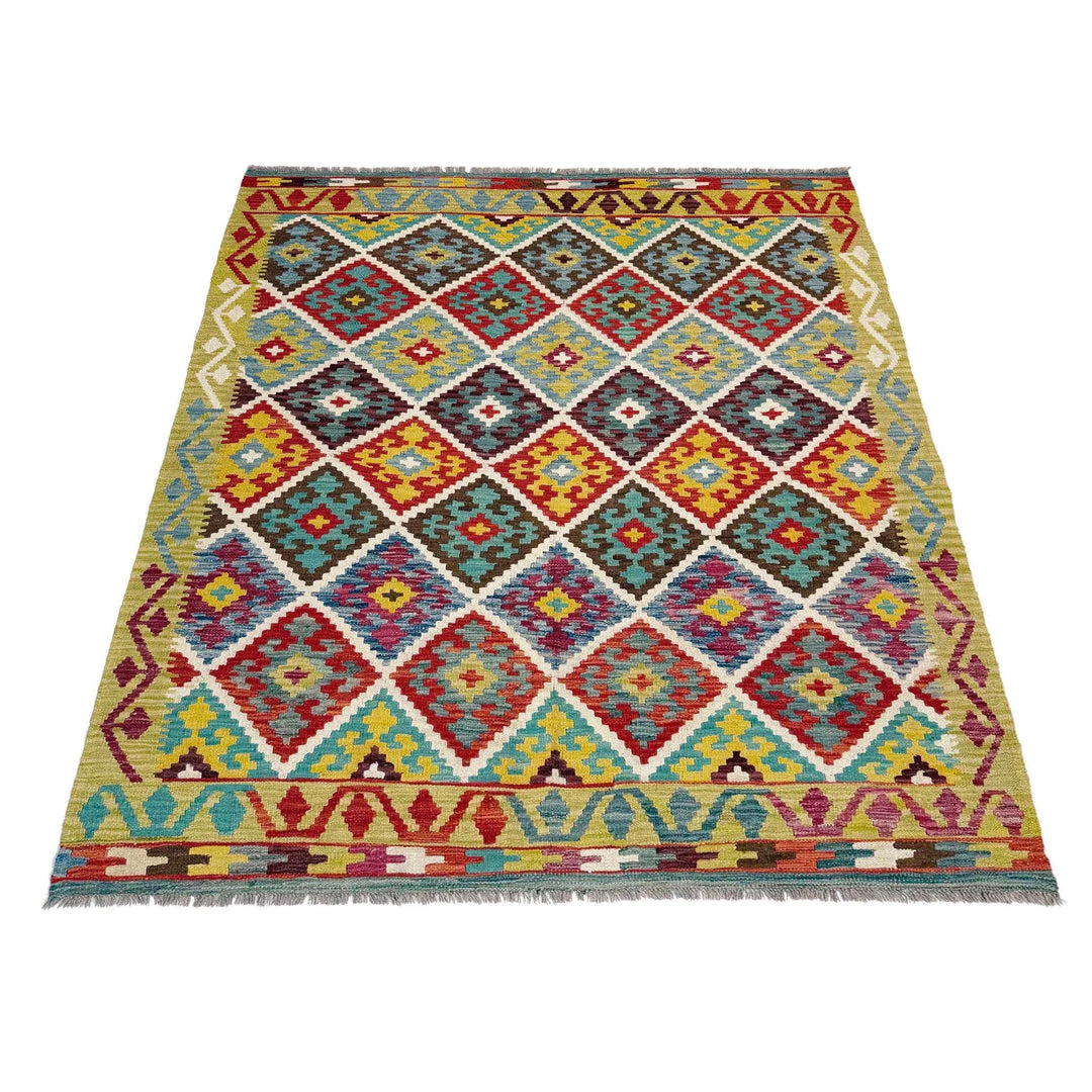 Afghan Vegetable Kilim Rug 5'1" x 6'6" Flat-Weave | No. AL241325