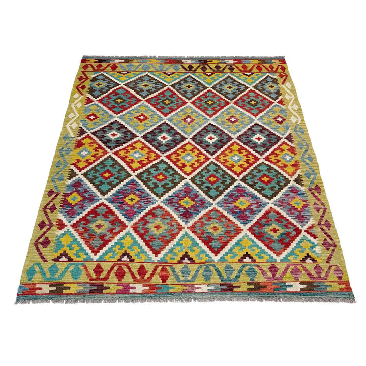 Afghan Vegetable Kilim Rug 5'1" x 6'6" Flat-Weave | No. AL241325