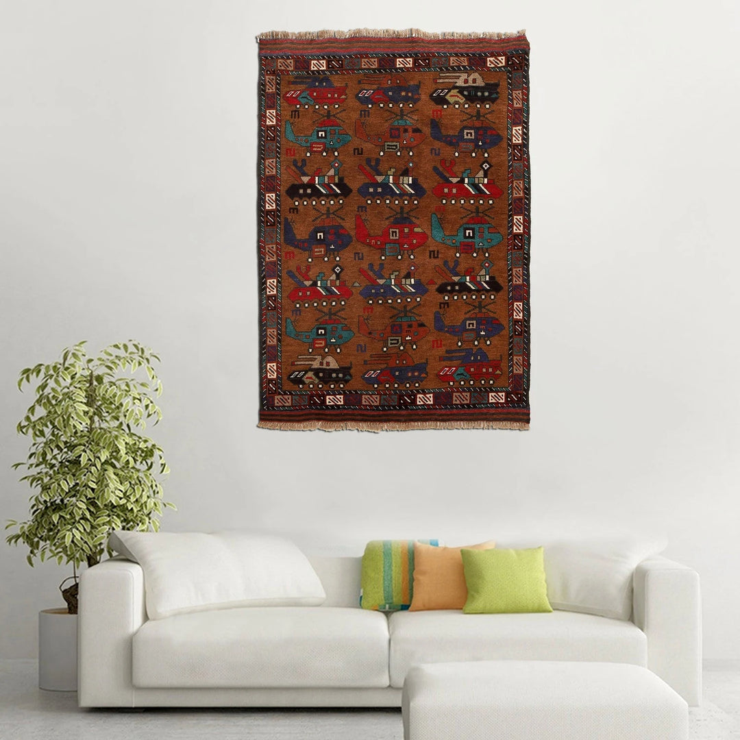 Brown Afghan War Rug 3' 4" x 4' 10" Hand-Knotted | No. AL24153