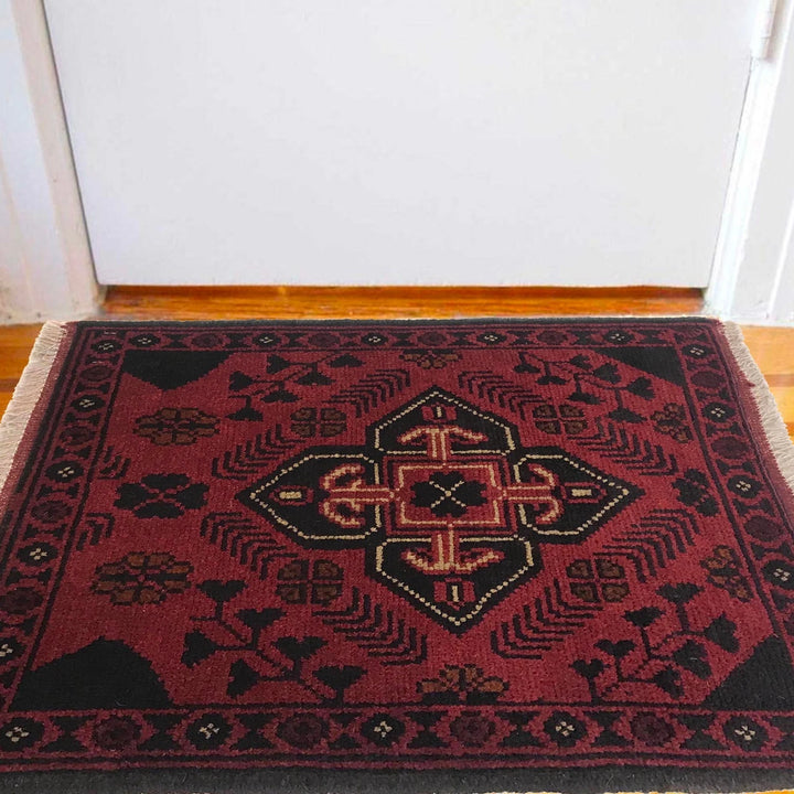 Red Afghan Oriental Doormat 1' 6" x 2' 0" Hand-Knotted | No. AL24305