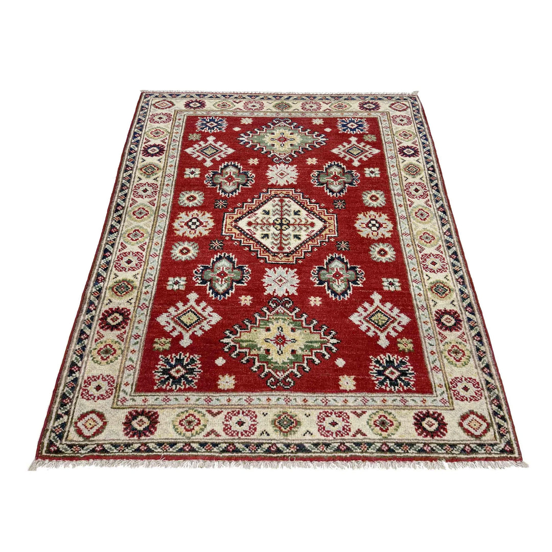 Red Afghan Kazak Rug 2' 9" x 3' 11" Hand-Knotted | No. AL24441