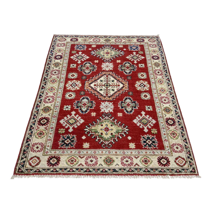 Red Afghan Kazak Rug 2' 9" x 3' 11" Hand-Knotted | No. AL24441