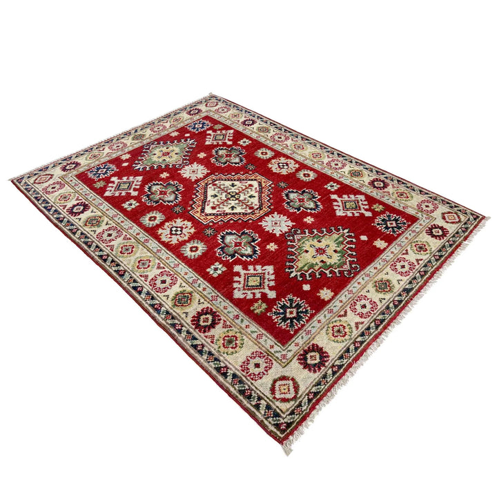 Red Afghan Kazak Rug 2' 9" x 3' 11" Hand-Knotted | No. AL24441