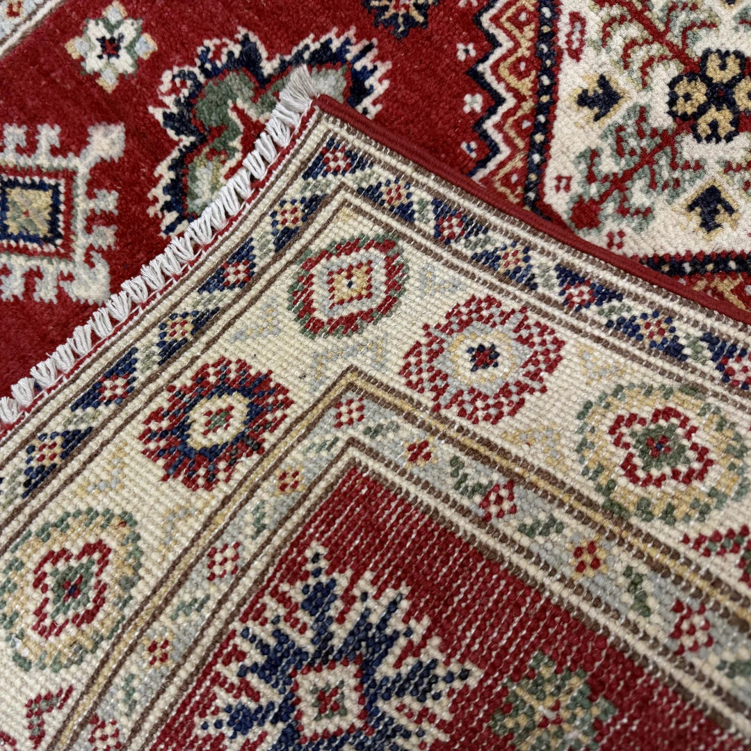 Red Afghan Kazak Rug 2' 9" x 3' 11" Hand-Knotted | No. AL24441