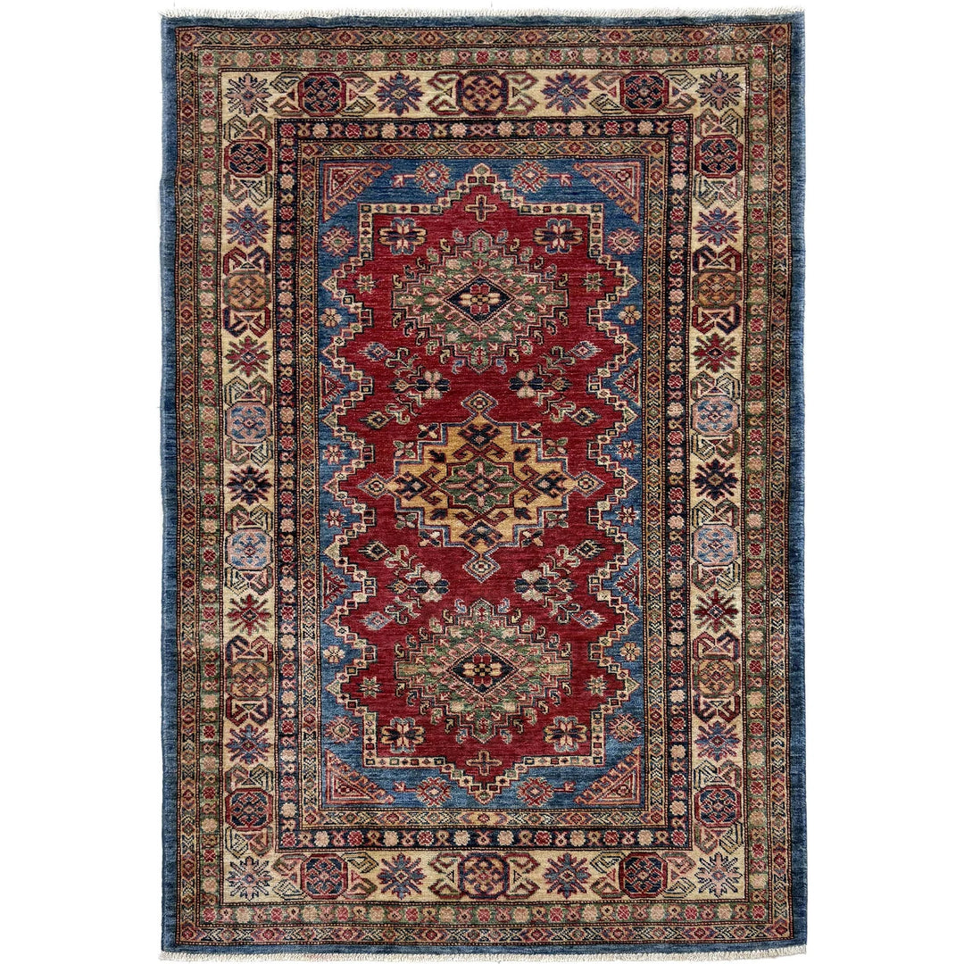 Red Afghan Kazak Rug 4' 0" x 5' 11" Hand-Knotted | No. AL24561