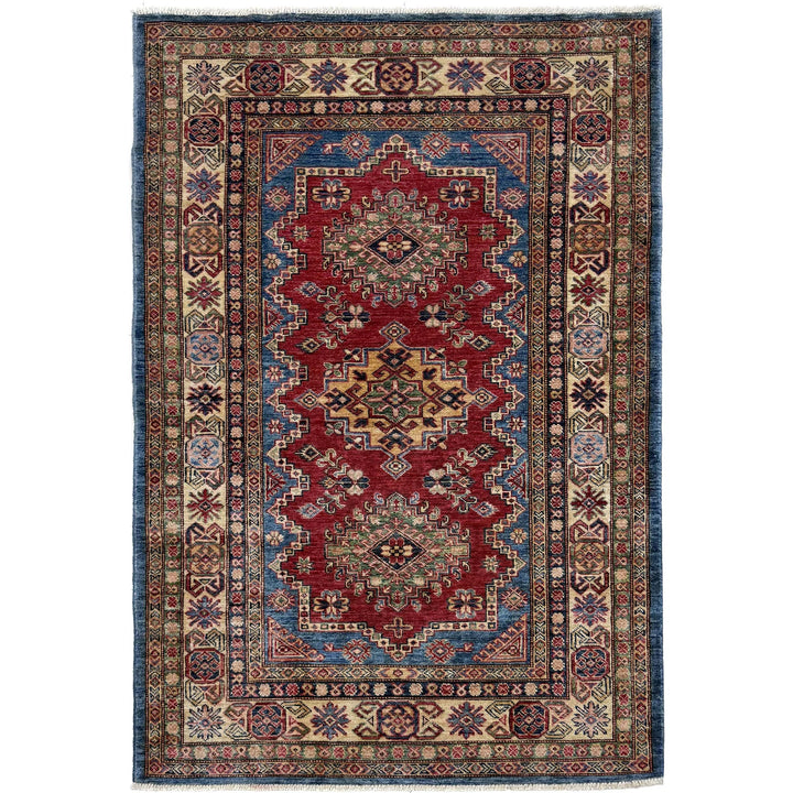 Red Afghan Kazak Rug 4' 0" x 5' 11" Hand-Knotted | No. AL24561