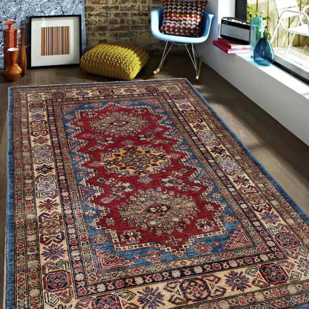 Red Afghan Kazak Rug 4' 0" x 5' 11" Hand-Knotted | No. AL24561