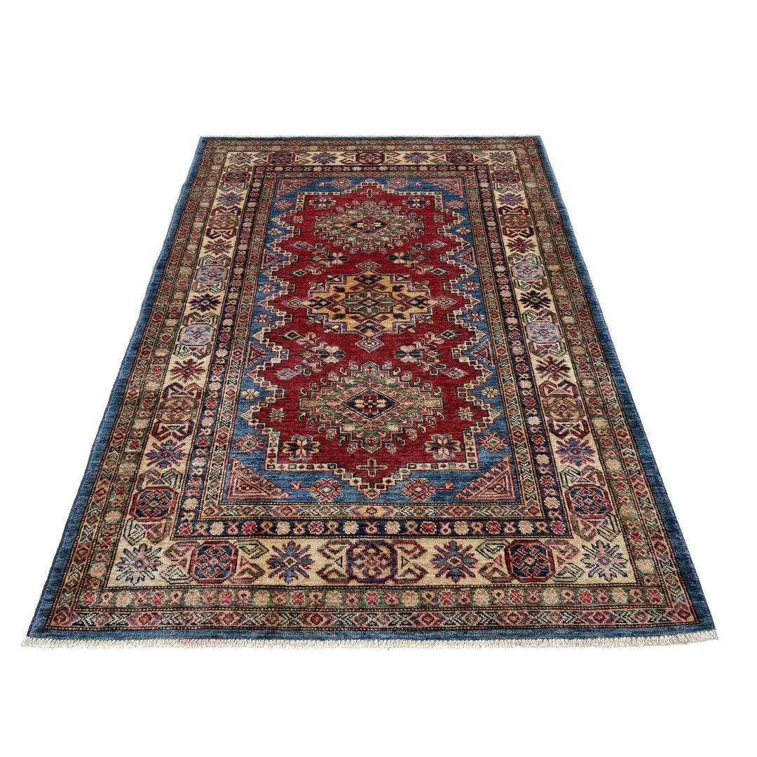 Red Afghan Kazak Rug 4' 0" x 5' 11" Hand-Knotted | No. AL24561
