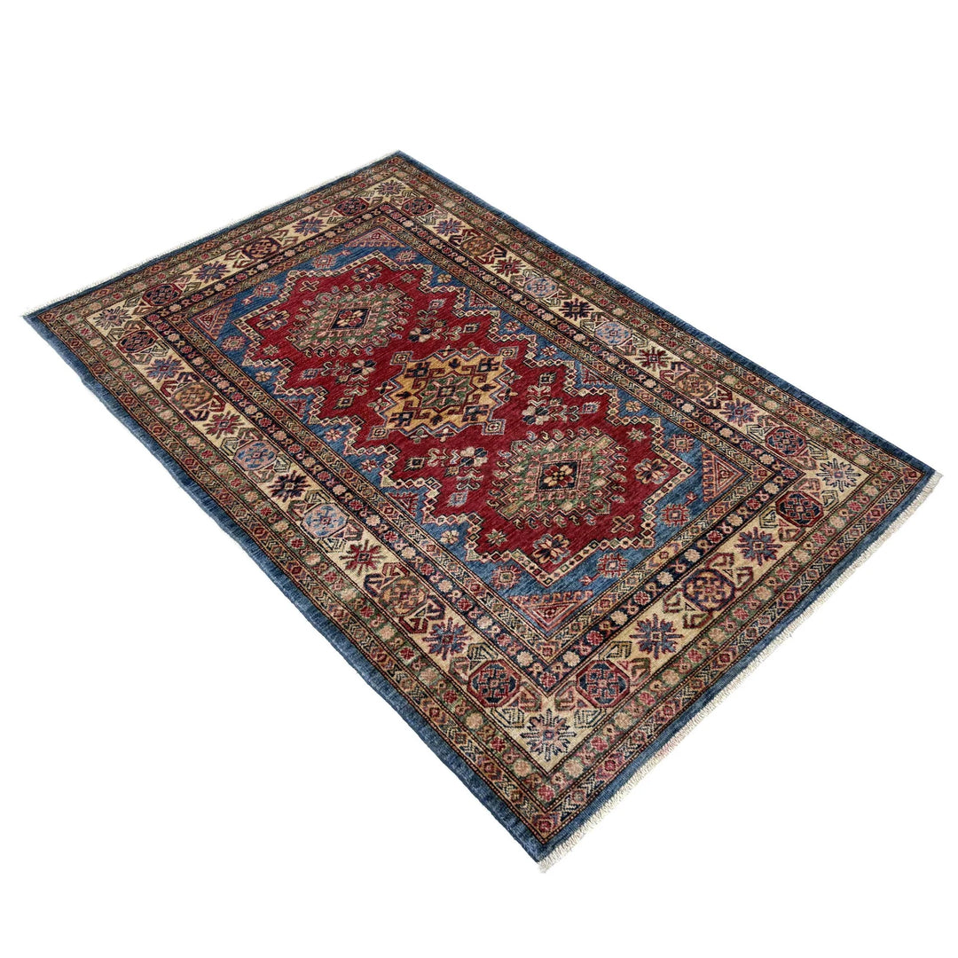 Red Afghan Kazak Rug 4' 0" x 5' 11" Hand-Knotted | No. AL24561