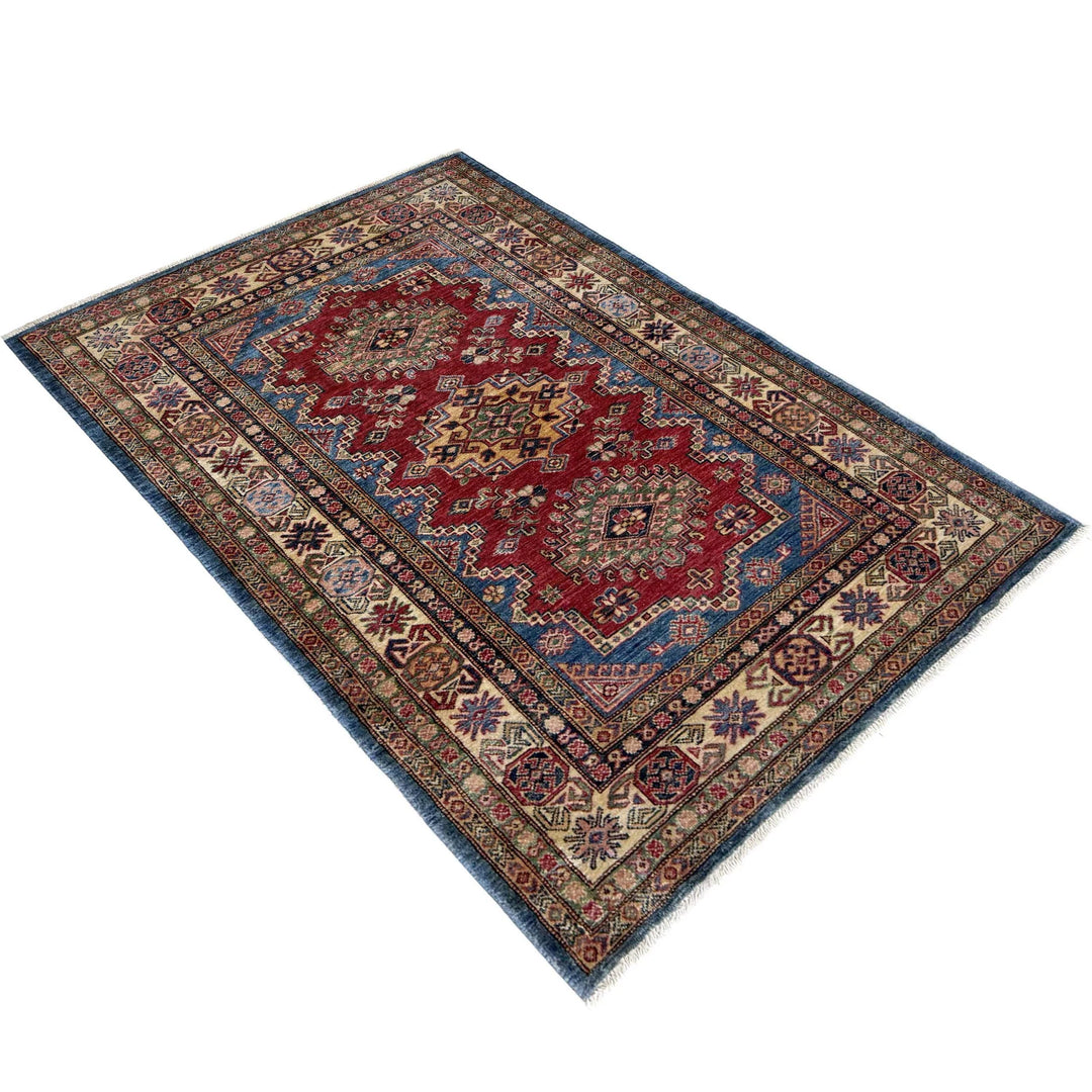 Red Afghan Kazak Rug 4' 0" x 5' 11" Hand-Knotted | No. AL24561