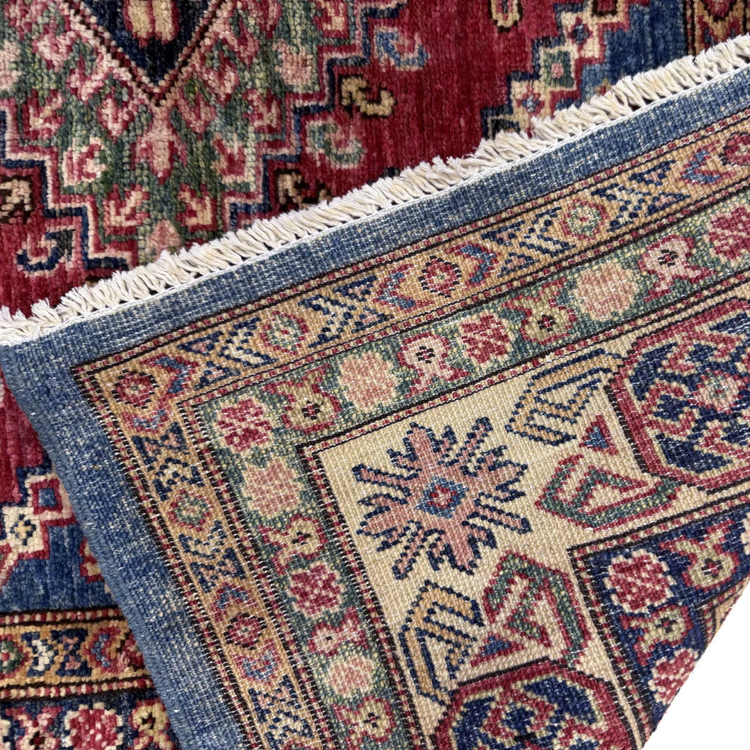 Red Afghan Kazak Rug 4' 0" x 5' 11" Hand-Knotted | No. AL24561