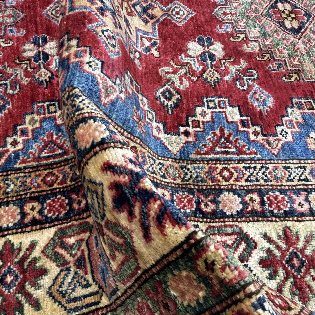 Red Afghan Kazak Rug 4' 0" x 5' 11" Hand-Knotted | No. AL24561