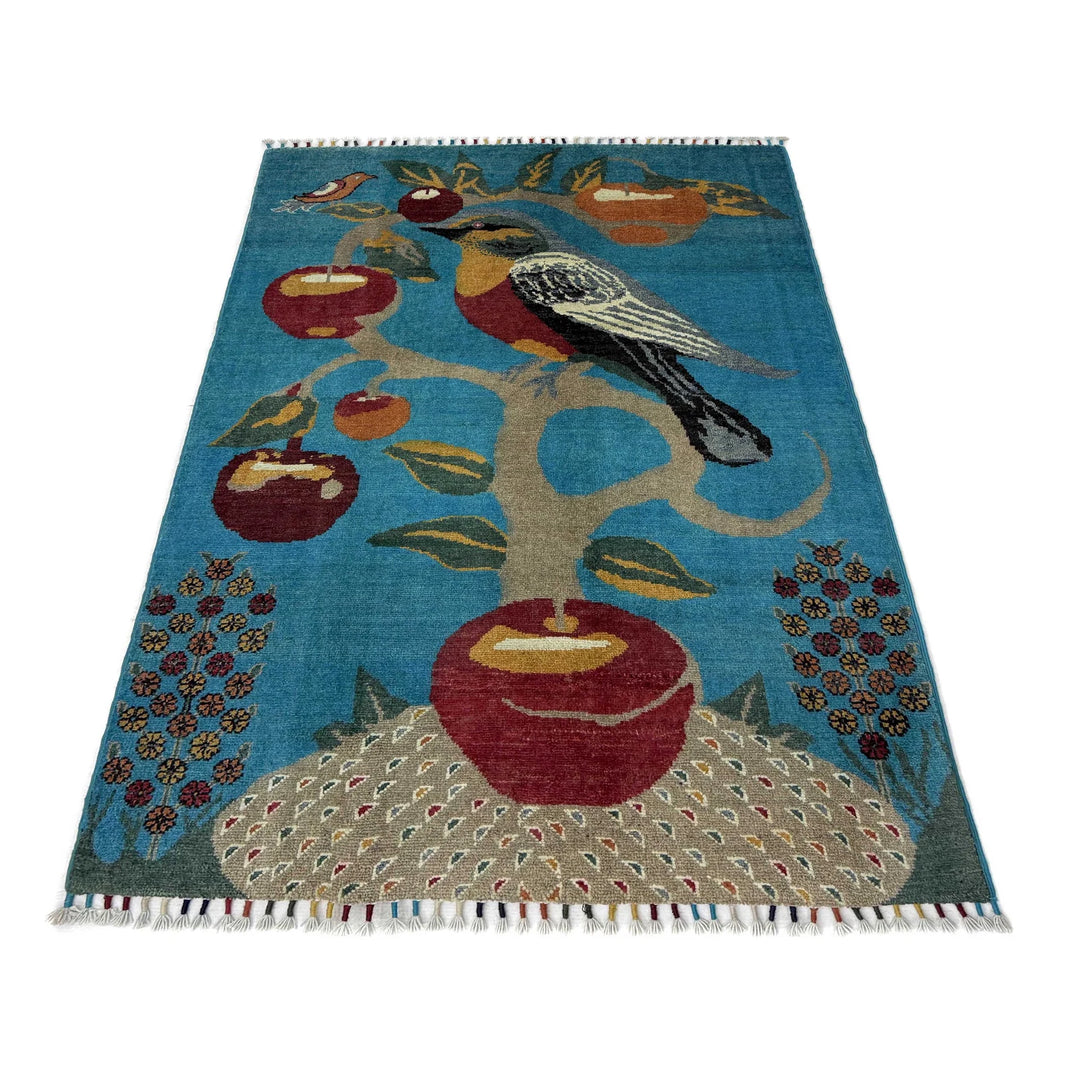 Blue Afghan Pictorial Rug 3' 3" x 4' 9" Hand-Knotted | No. AL246938