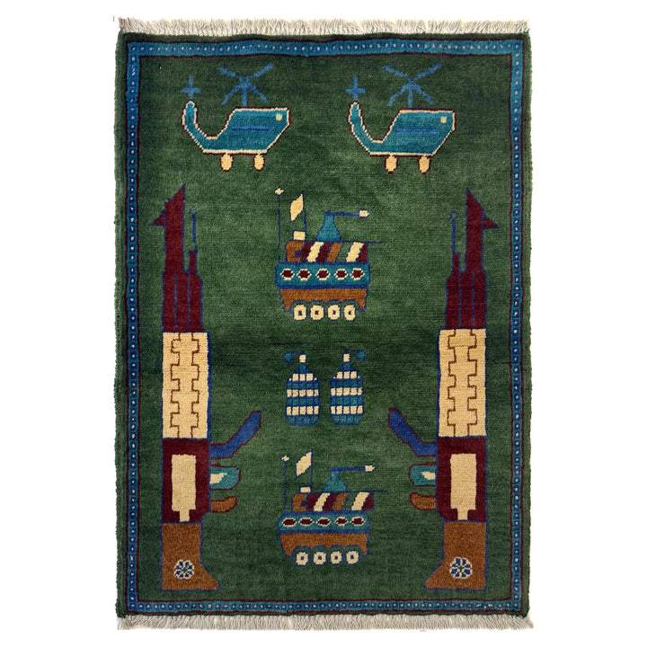 Green Afghan War Rug 2' 0" x 2' 10" Hand-Knotted | No. AL24965