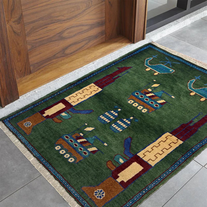Green Afghan War Rug 2' 0" x 2' 10" Hand-Knotted | No. AL24965