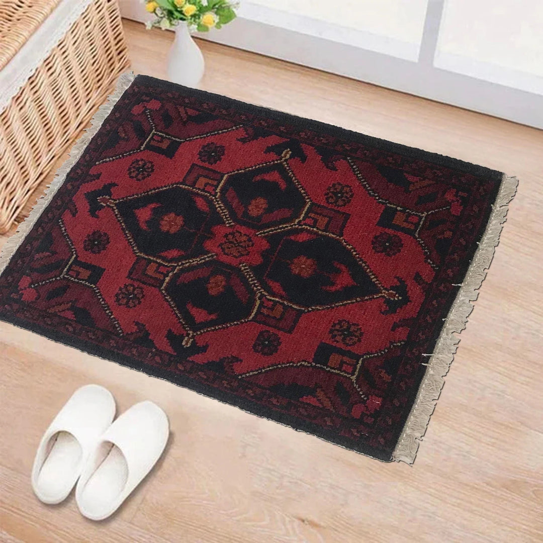 Red Afghan Oriental Doormat 1' 4" x 1' 10" Hand-Knotted | No. AL25095