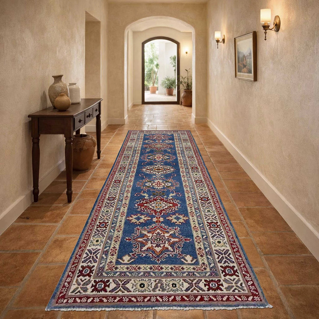 Blue Afghan Kazak Rug 2' 7" x 9' 5" Hand-Knotted | No. AL25187