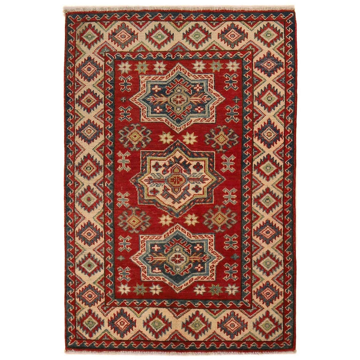 Red Afghan Kazak Rug 3'1" x 4'7" Hand-Knotted | No. AL25337