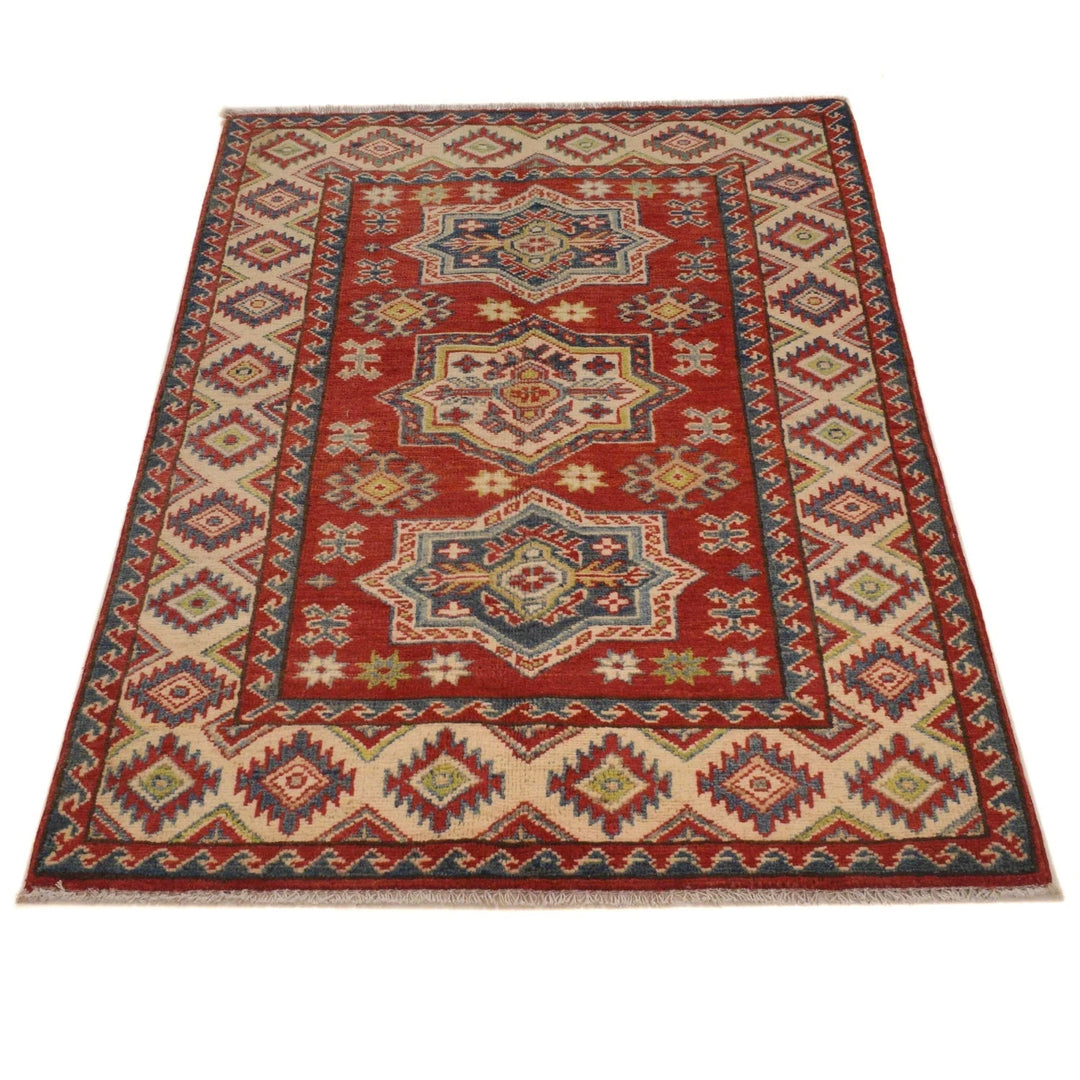 Red Afghan Kazak Rug 3'1" x 4'7" Hand-Knotted | No. AL25337