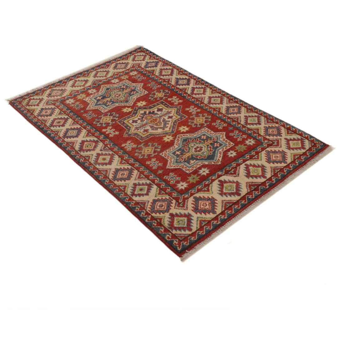 Red Afghan Kazak Rug 3'1" x 4'7" Hand-Knotted | No. AL25337