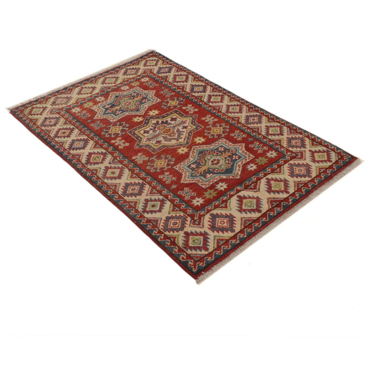 Red Afghan Kazak Rug 3'1" x 4'7" Hand-Knotted | No. AL25337