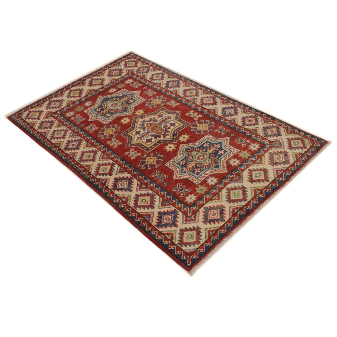 Red Afghan Kazak Rug 3'1" x 4'7" Hand-Knotted | No. AL25337