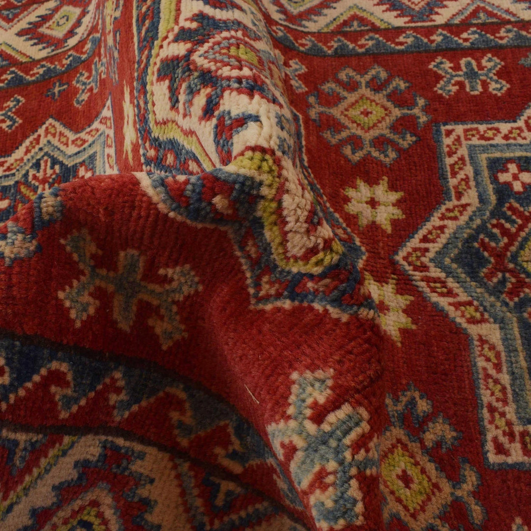 Red Afghan Kazak Rug 3'1" x 4'7" Hand-Knotted | No. AL25337