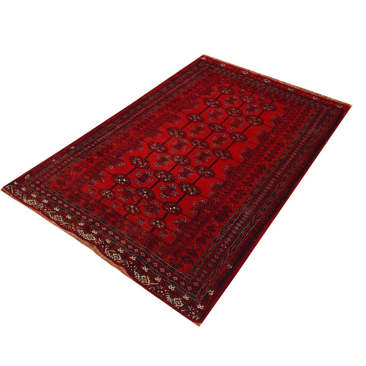 Red Afghan Bokhara Rug 3' 7" x 5' 1" Hand-Knotted | No. AL25371