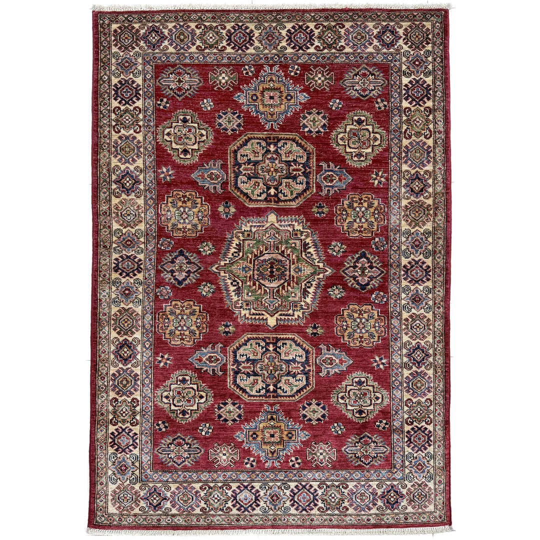Red Afghan Kazak Rug 4' 0" x 5' 10" Hand-Knotted | No. AL25374