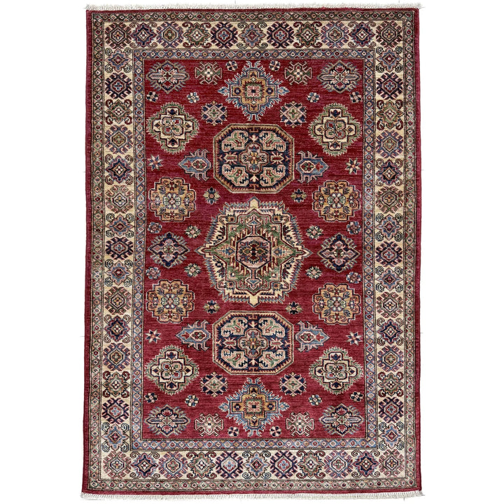 Red Afghan Kazak Rug 4' 0" x 5' 10" Hand-Knotted | No. AL25374
