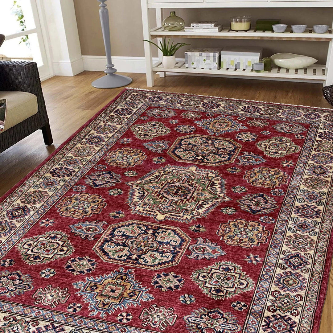 Red Afghan Kazak Rug 4' 0" x 5' 10" Hand-Knotted | No. AL25374