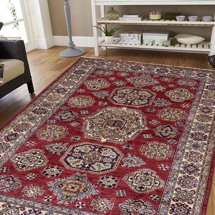 Red Afghan Kazak Rug 4' 0" x 5' 10" Hand-Knotted | No. AL25374