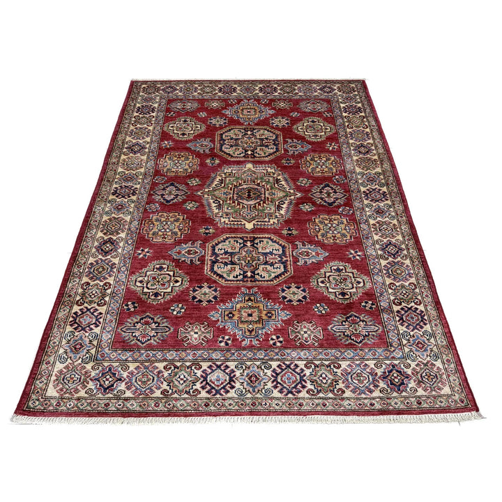 Red Afghan Kazak Rug 4' 0" x 5' 10" Hand-Knotted | No. AL25374