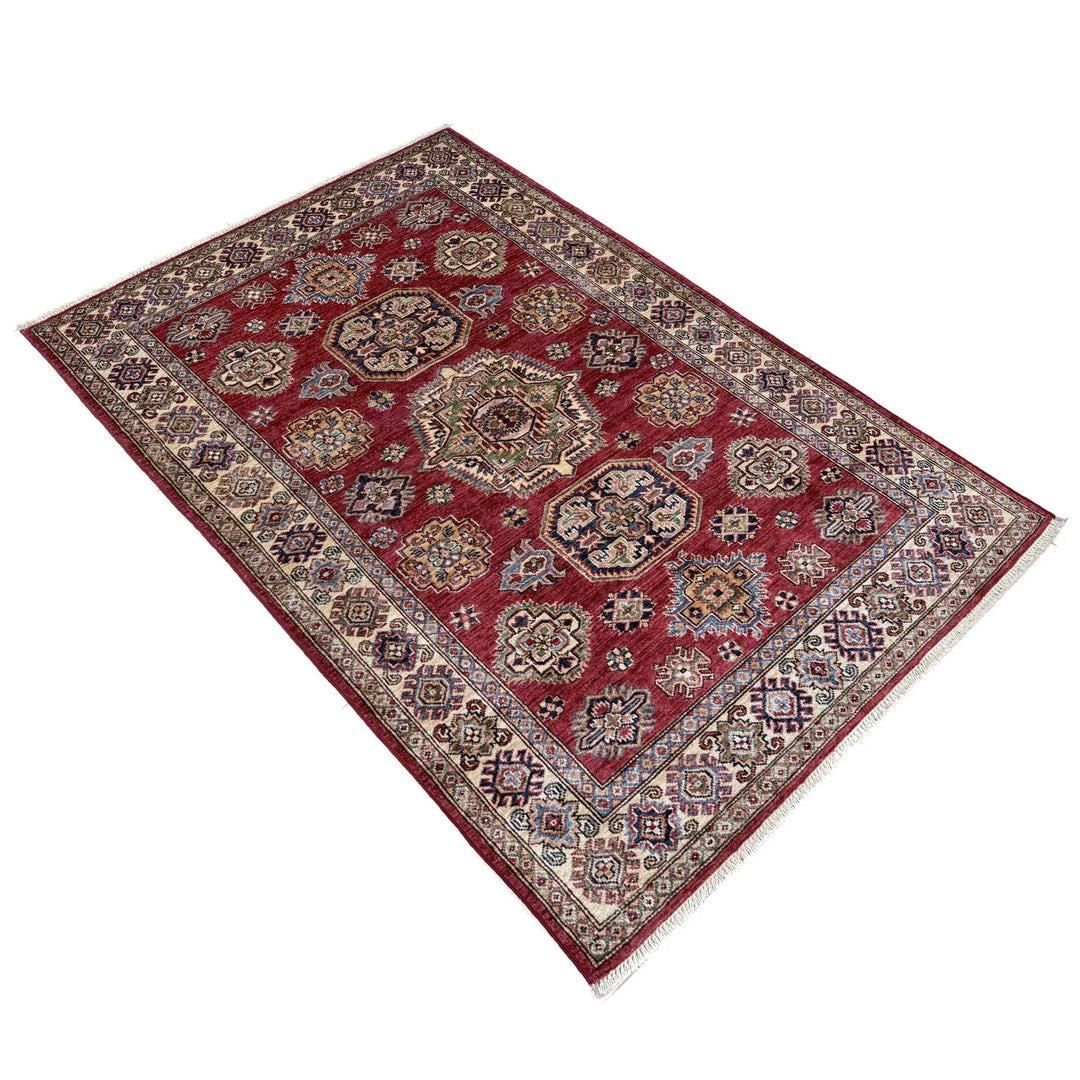 Red Afghan Kazak Rug 4' 0" x 5' 10" Hand-Knotted | No. AL25374