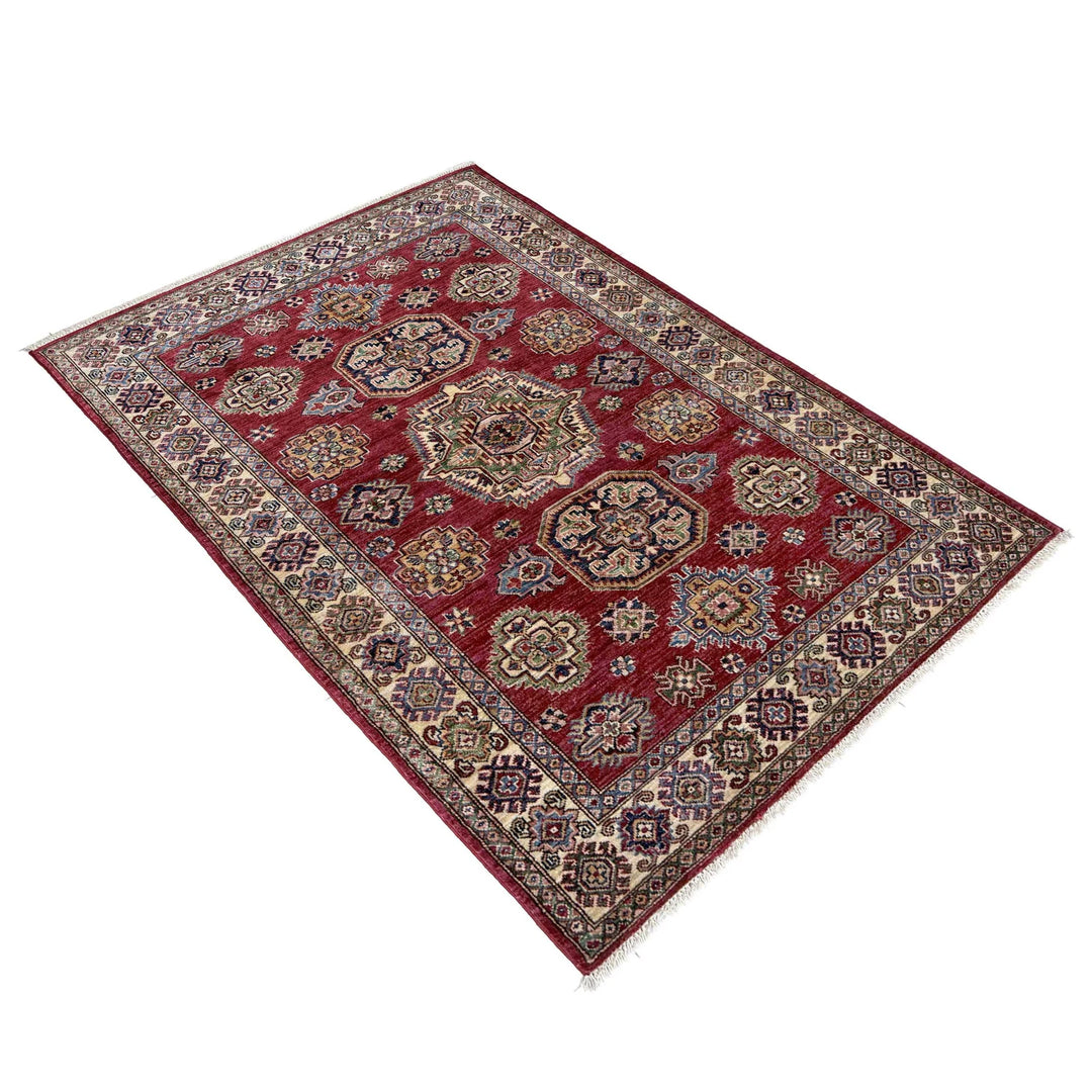Red Afghan Kazak Rug 4' 0" x 5' 10" Hand-Knotted | No. AL25374