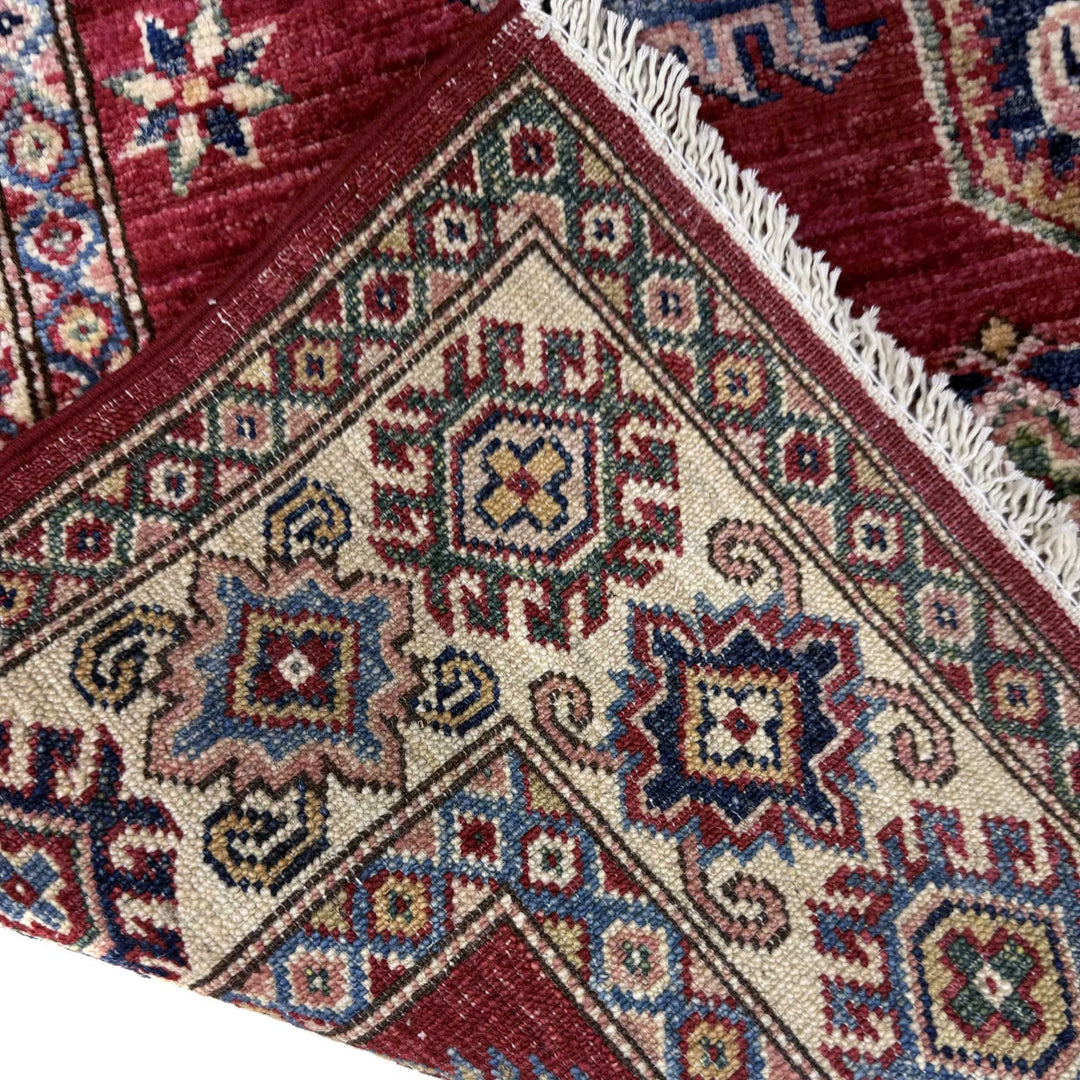 Red Afghan Kazak Rug 4' 0" x 5' 10" Hand-Knotted | No. AL25374