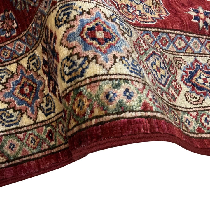 Red Afghan Kazak Rug 4' 0" x 5' 10" Hand-Knotted | No. AL25374