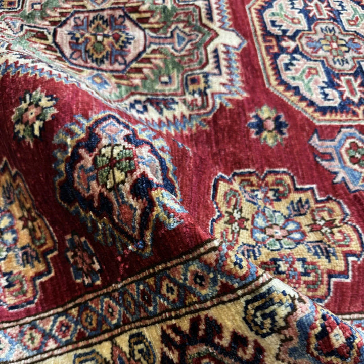 Red Afghan Kazak Rug 4' 0" x 5' 10" Hand-Knotted | No. AL25374