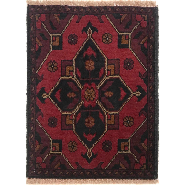 Red Afghan Oriental Doormat 1' 5" x 1' 10" Hand-Knotted | No. AL25541