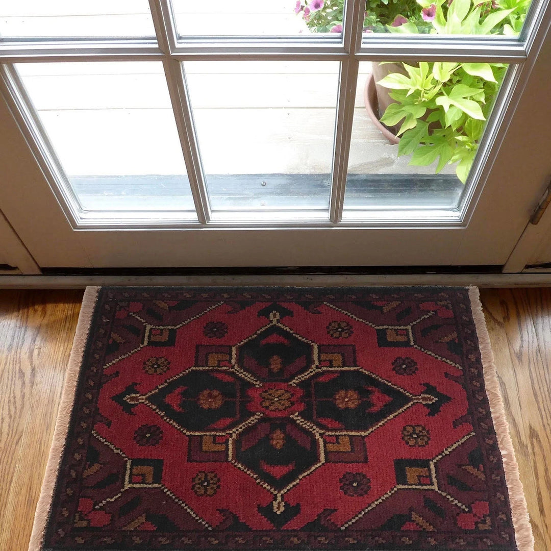 Red Afghan Oriental Doormat 1' 5" x 1' 10" Hand-Knotted | No. AL25541