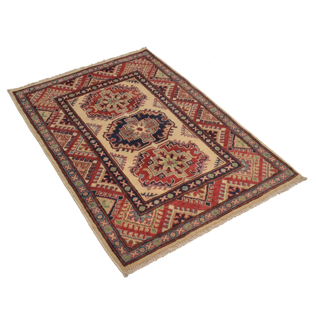 Ivory Afghan Kazak Rug 2' 8" x 4' 0" Hand-Knotted | No. AL25757