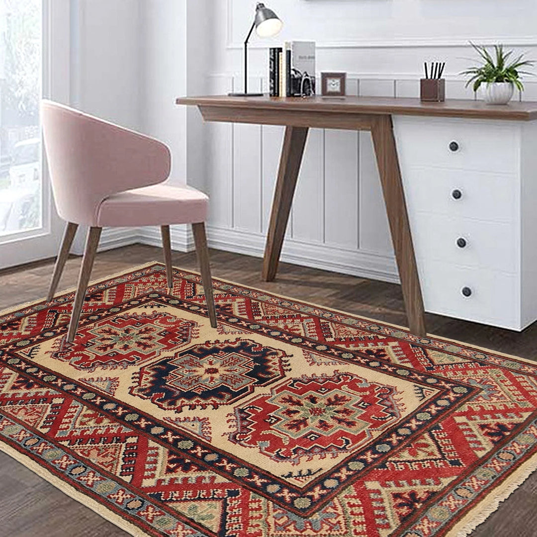Ivory Afghan Kazak Rug 2' 8" x 4' 0" Hand-Knotted | No. AL25757