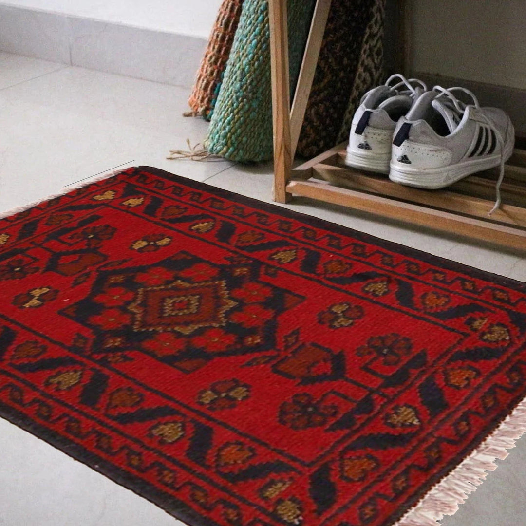 Red Afghan Oriental Doormat 1' 5" x 2' 0" Hand-Knotted | No. AL25828