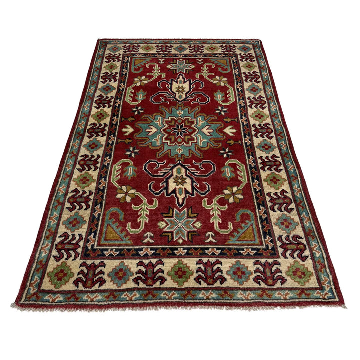 Red Afghan Kazak Rug 2'7" x 4'3" Hand-Knotted | No. AL258780