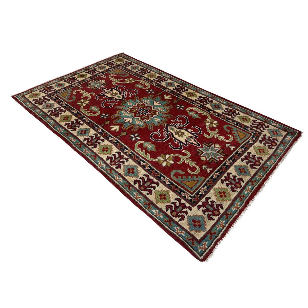 Red Afghan Kazak Rug 2'7" x 4'3" Hand-Knotted | No. AL258780