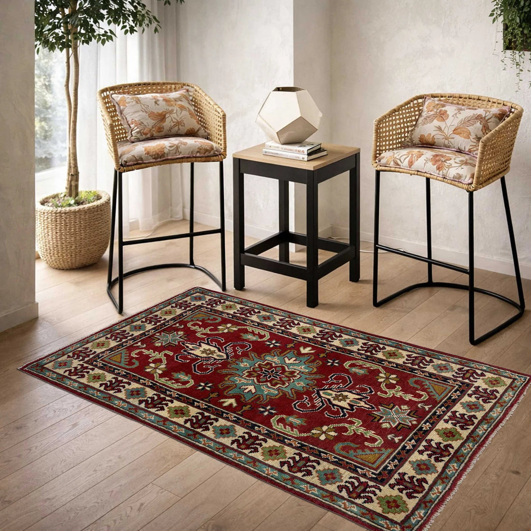 Red Afghan Kazak Rug 2'7" x 4'3" Hand-Knotted | No. AL258780