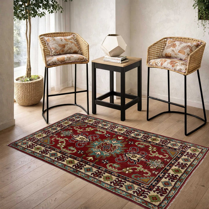 Red Afghan Kazak Rug 2'7" x 4'3" Hand-Knotted | No. AL258780