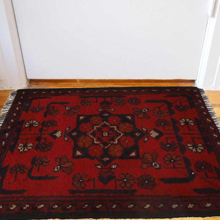 Red Afghan Oriental Doormat 1' 4" x 2' 0" Hand-Knotted | No. AL26221