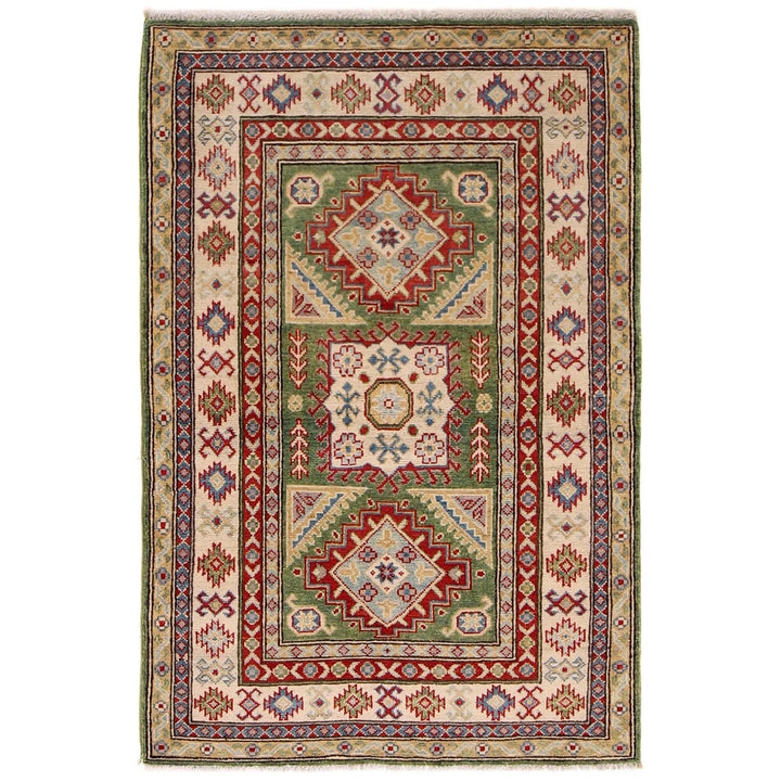 Green Afghan Kazak Rug 3' 5" x 5' 2" Hand-Knotted | No. AL26355